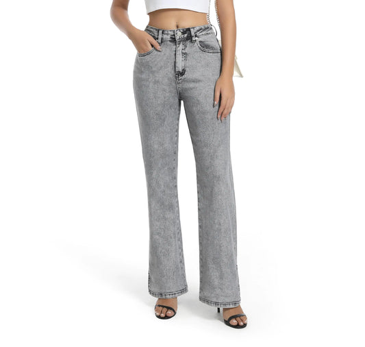 Guaile Womens Jeans High Waisted Stretchy Straight Leg Jeans Split Hem Jeans for Women Trendy Classic Denim Jeans Grey