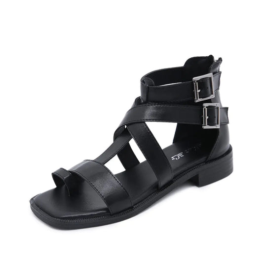 Wooden Heel Cross Belt Buckle Low-Heel Sandals