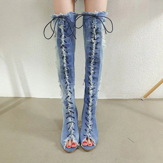 Crystal Block Heel Denim Roman High Heel Boots