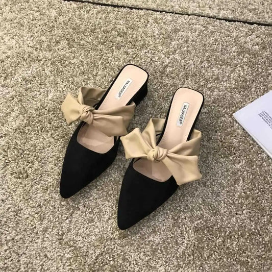 Bow-knot Mid-heel Thick Heel Slippers