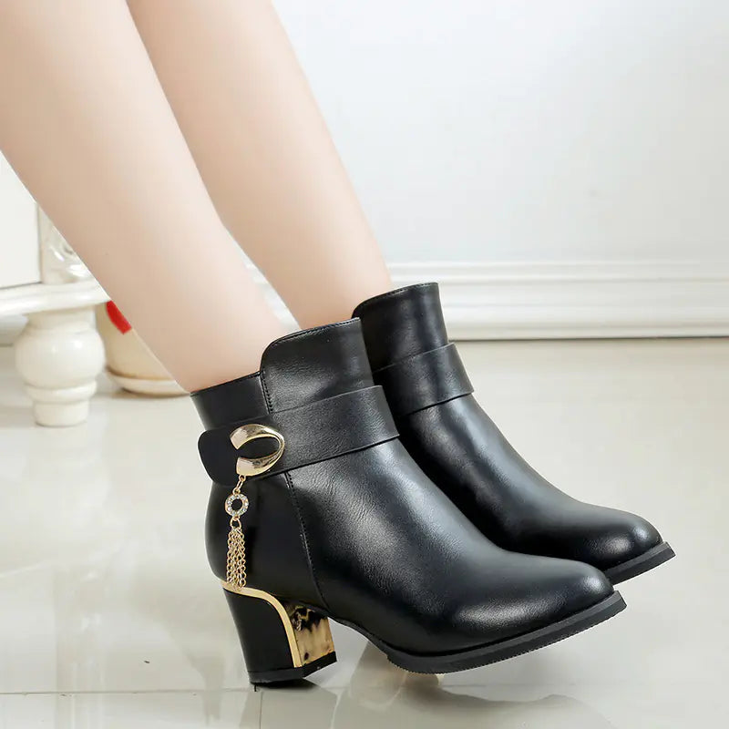 Women's Round Toe High Heel Chunky Heel Ankle Boots