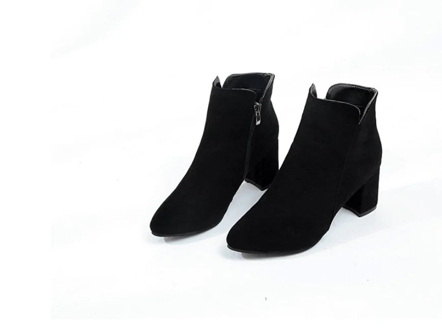 Women's Suede High Heel Boots with Chunky Heel and Zipper