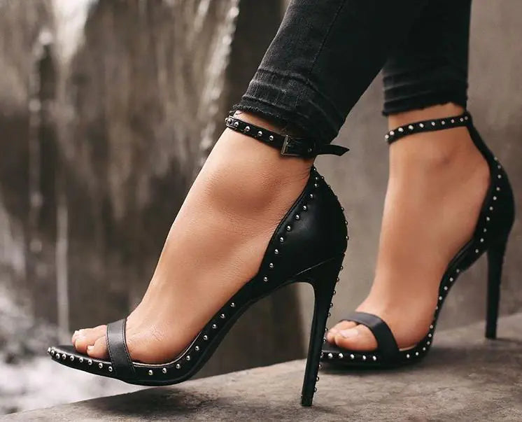 Studded High Heel Sandals with Strap and Thin Heel