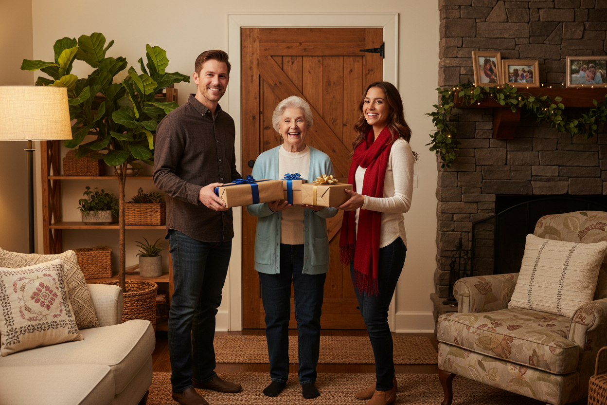A grandma standing in the font of a door with a background of a living room and plant, receiving a gifts from her son and daughter.