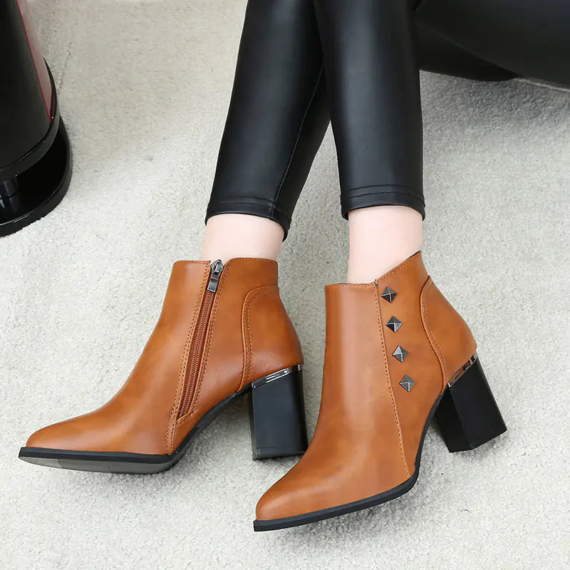 New High Heel Women's Short Boots with Studded Chunky Heel