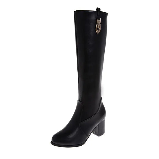 Black High Heel Pointed Toe Thick Heel Knee Boots for Women