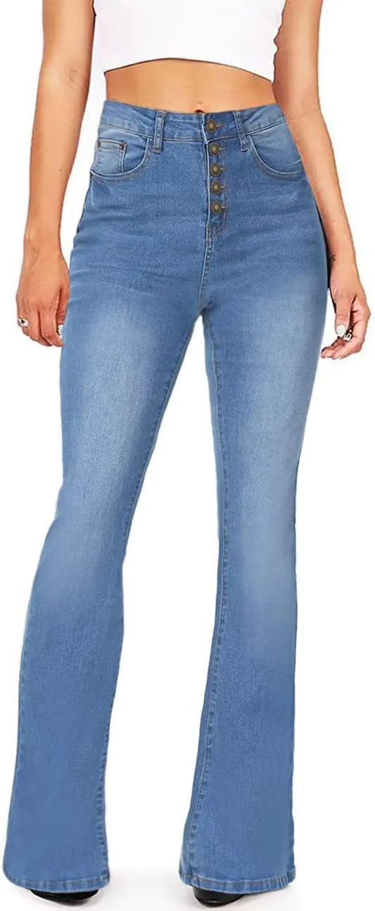 KDF Bell Bottom Jeans for Women High Waisted Blue Jeans Stretch Slimming Flare Jeans Front Buttons Light BlueSize 8