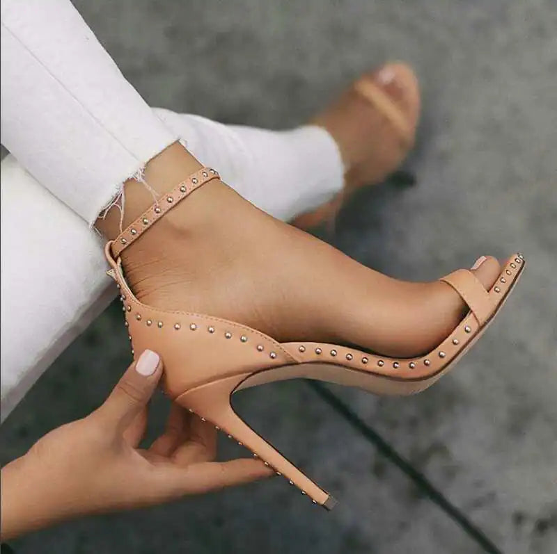 Studded High Heel Sandals with Strap and Thin Heel
