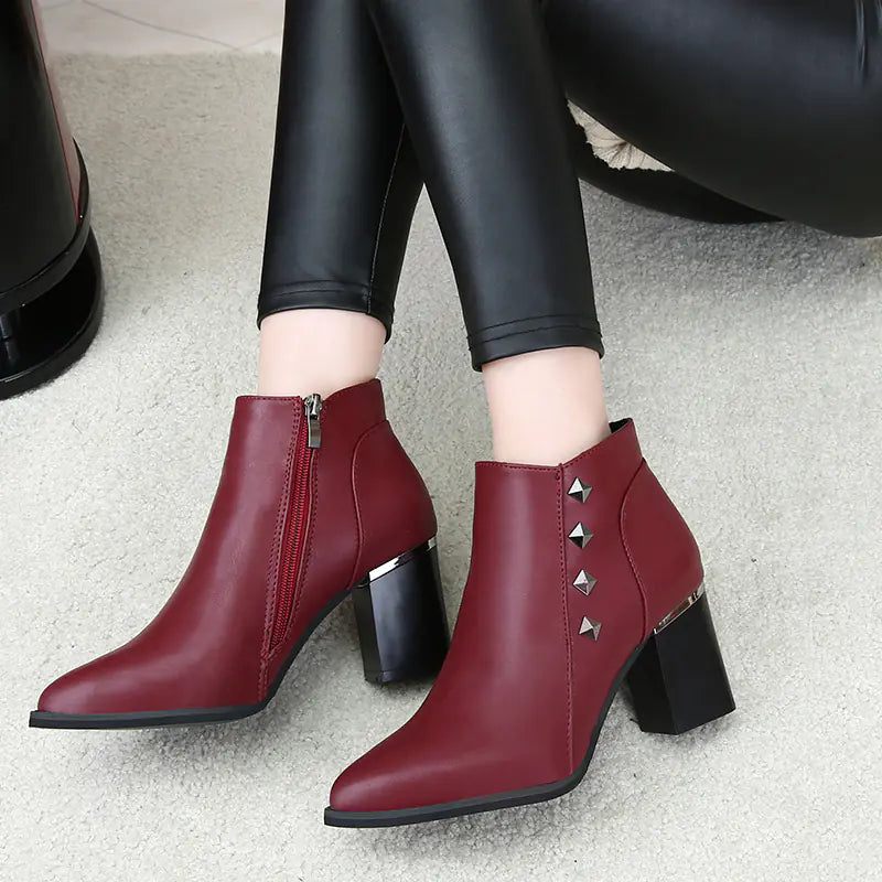 New High Heel Women's Short Boots with Studded Chunky Heel