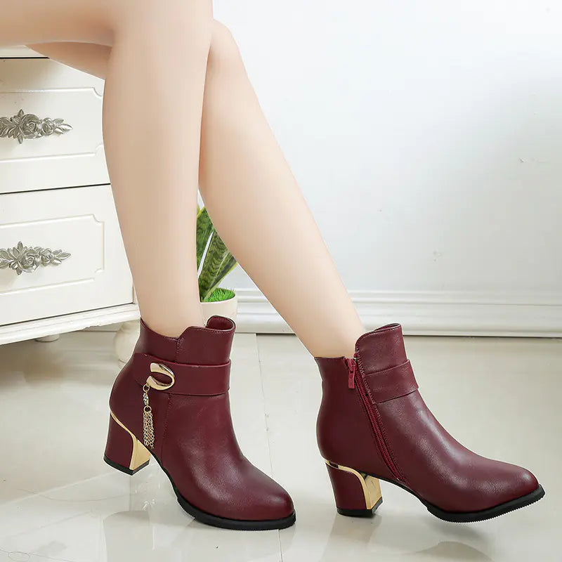 Women's Round Toe High Heel Chunky Heel Ankle Boots