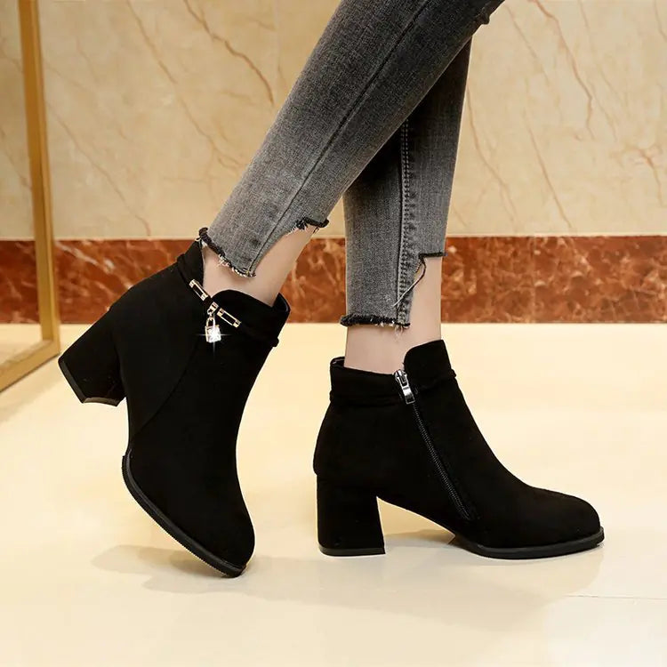 Women's Mid-Heel Boots with Thick Heel and Side Zip